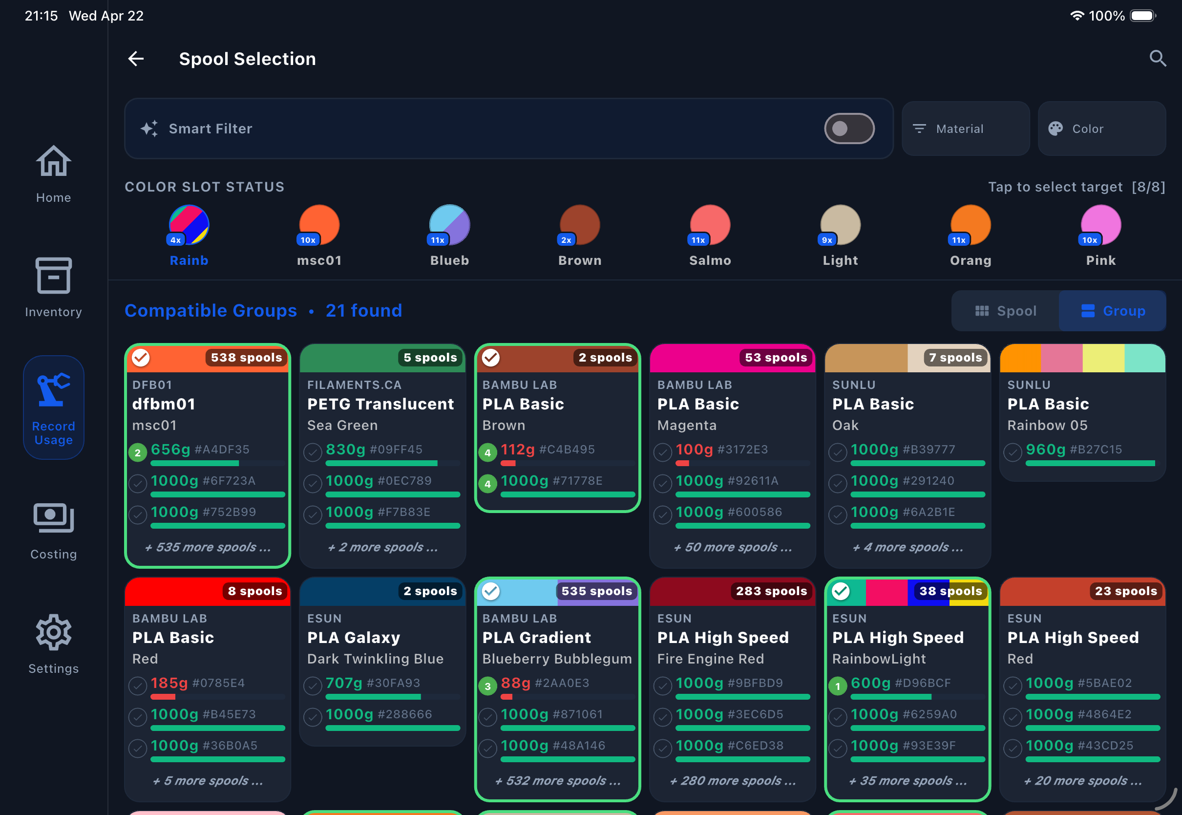 Filament Genius tablet interface for filament and spool management
